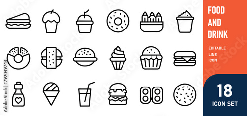 Food and Drink Line Editable Icons set. Vector illustration of gastronomic related icons meat, fast food, main dishes, pastries, desserts, Asian cuisine, and drinks. Isolated on white