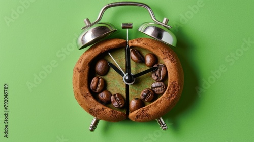 Coffee beans on cookie alarm clock design - A quirky image of an alarm clock made of a cookie and coffee beans, with a green background