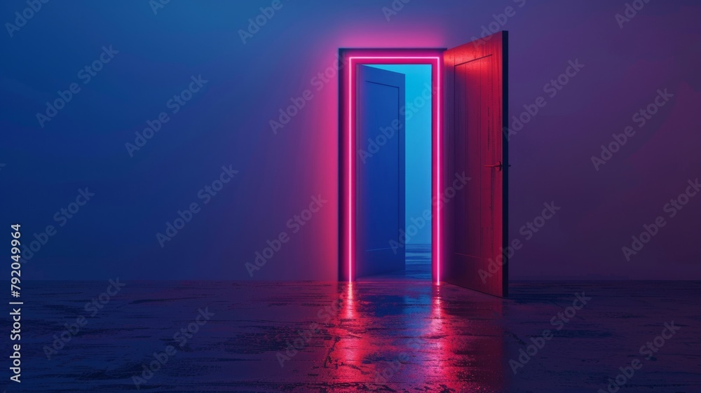 Glowing neon doorway in a serene space - A tranquil yet vibrant scene with a glowing, neon pink doorway that opens to a serene, blue-hued space
