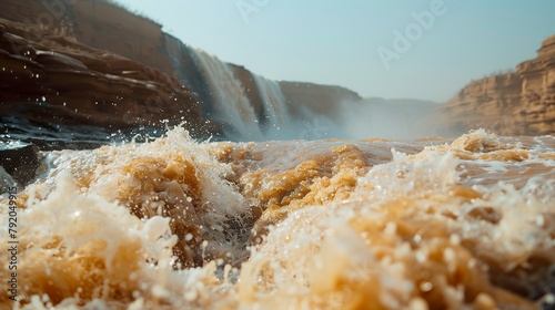 A close-up of the Hukou Falls of the majesty and energy of this natural spectacle around the Yellow River in China. The tumultuous waters rush from the sandstone cliffs.