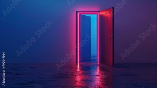 Glowing neon doorway in a serene space - A tranquil yet vibrant scene with a glowing, neon pink doorway that opens to a serene, blue-hued space © Tida