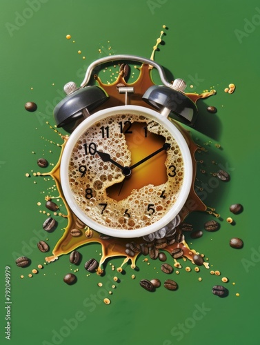 Exploding alarm clock with coffee concept - A surreal image of an alarm clock shattering with a splash of coffee beans and liquid, giving a twist to the morning wake-up call photo