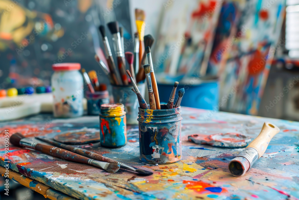 A table with a variety of paint brushes and paint tubes. Scene is chaotic and messy, with the brushes and paint tubes seemingly in disarray A table with a variety of paint brushes and paint tubes. Scene is chaotic and messy, with the brushes and paint tubes seemingly in disarray