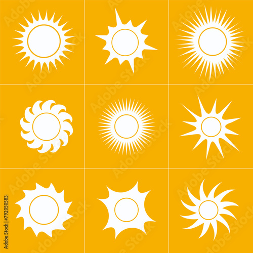 Sun icon set of 9, the source of light symbol. Sunlight, sunrise element. Shining sun icon in yellow color. Stock vector illustration isolated on yellow background.
