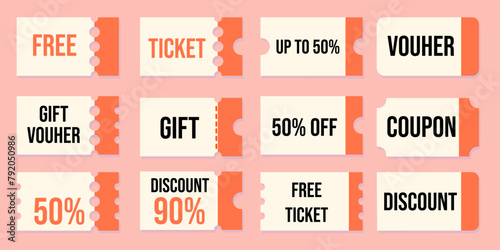 colored vector set of discount or gift voucher ticket coupon templates. collection of icons in shape style, vintage color