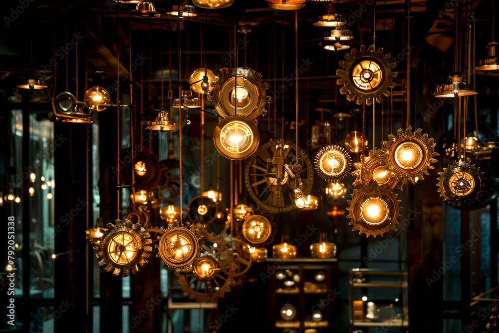 A room with many clocks hanging from the ceiling. The clocks are lit up and the room has a vintage feel A room with many clocks hanging from the ceiling. The clocks are lit up and the room has a vintage feel