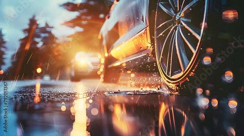 Close-up image of a car driving through a wet road after rain. photo