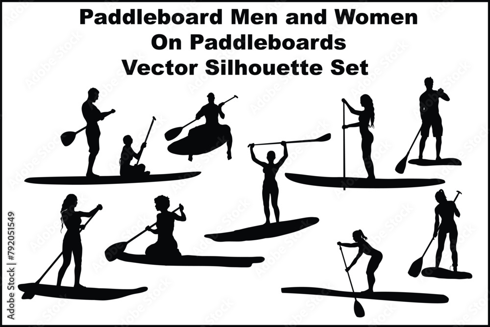 Paddleboard men and women on paddleboards Vector Silhouette Set