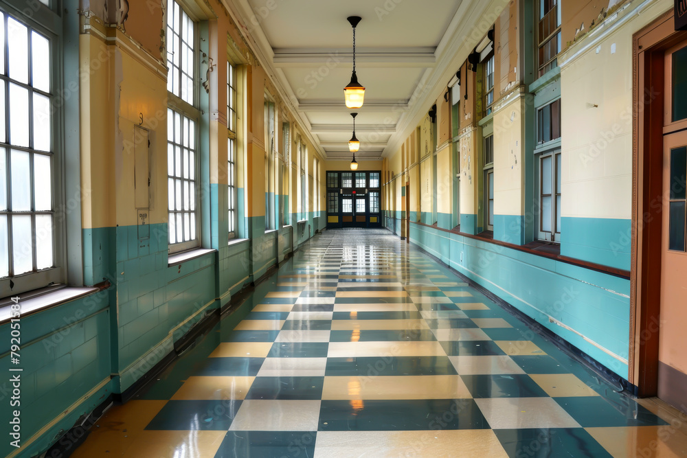 A long hallway with a checkered floor and blue and yellow walls. The hallway is empty and the lights are on