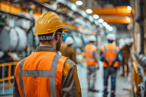 A man in a yellow helmet and orange vest stands in a factory. He is looking at something in the distance photo
