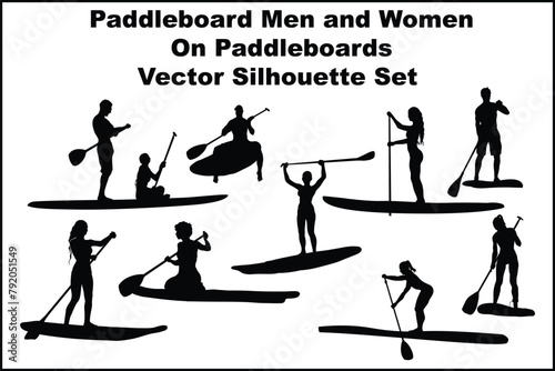 Paddleboard men and women on paddleboards Vector Silhouette Set