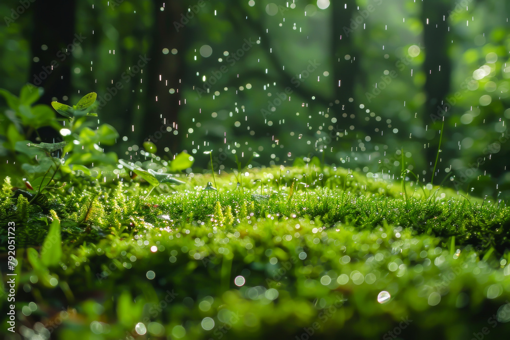 A lush green field with raindrops on the grass. The raindrops are small and scattered, creating a peaceful and serene atmosphere A lush green field with raindrops on the grass. The raindrops are small and scattered, creating a peaceful and serene atmosphere
