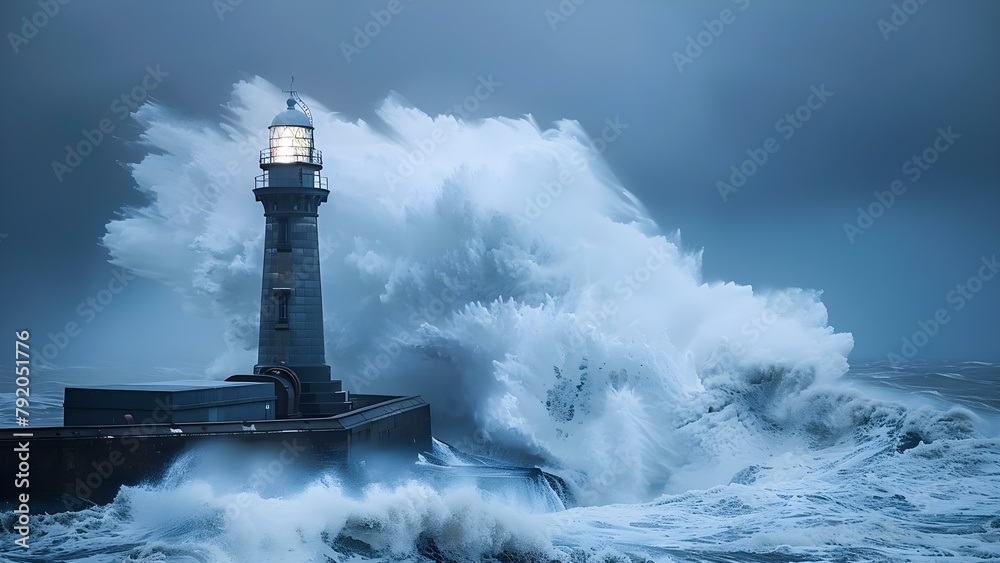 Resilient lighthouse standing strong amidst stormy seas as a symbol of coastal protection. Concept Coastal Resilience, Lighthouse Strength, Stormy Seas, Symbolic Protection