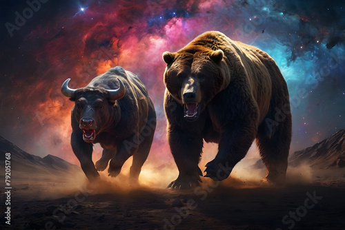 Bull and bear running, concept of stock market exchange or financial technology, future