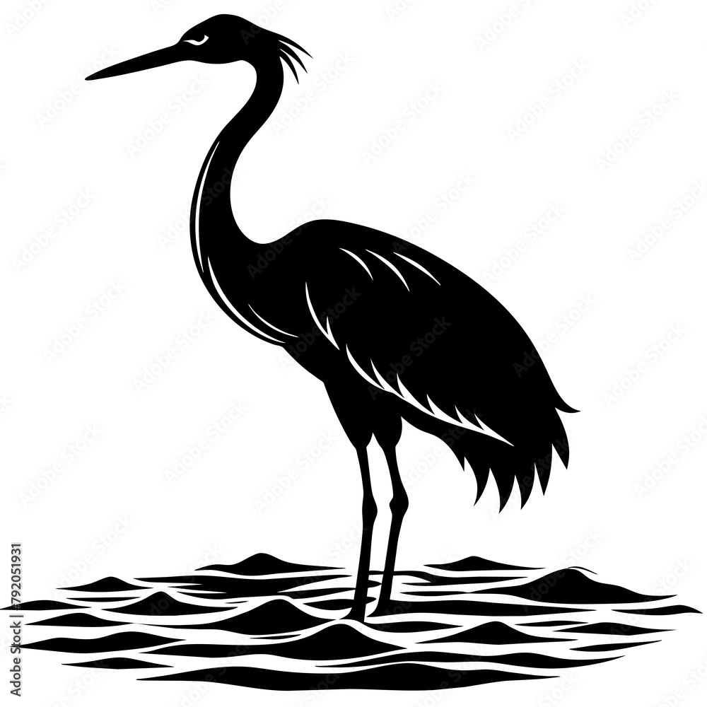 Fototapeta premium The crane in water silhouette black color on white background