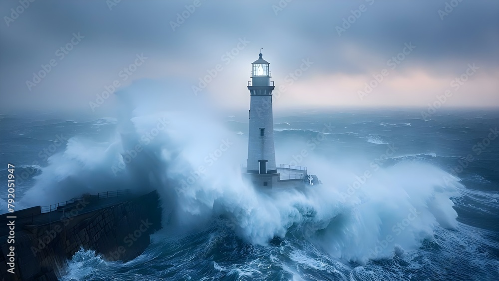 Resilient lighthouse standing tall in stormy seas as a symbol of coastal protection. Concept Lighthouse, Resilience, Coastal Protection, Stormy Seas