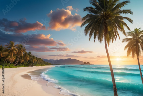 A stunningly realistic beach scene in 4K Ultra HD  with crystal clear turquoise waters  golden sands  and lush palm trees swaying in a gentle breeze  sunset over the ocean