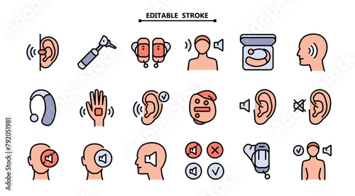 Hearing aid color icons set. Editable stroke. Volume booster for ears, for the deaf old and young. Search auditory. For better hearing, color icon collection.