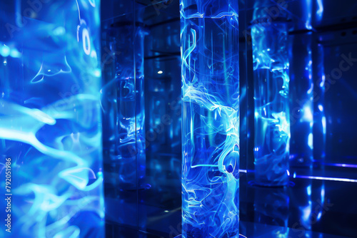 A series of blue tubes with blue smoke coming out of them. The tubes are arranged in a row, and the smoke is coming out of the top of each tube. Scene is one of excitement and energy photo