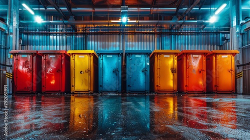 A row of colorful storage containers in a warehouse photo