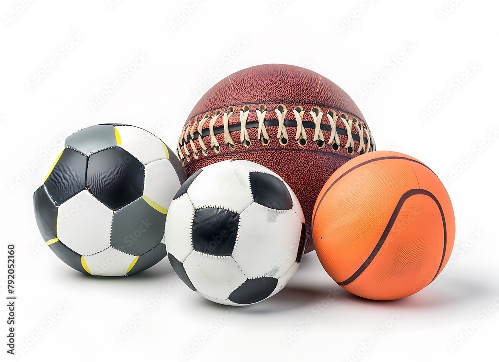 photograph of group sports equipment ball on white background