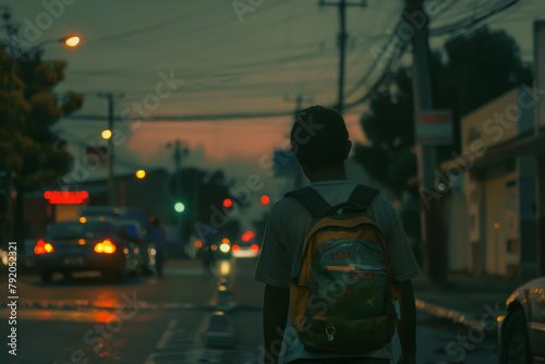 A young man wearing a backpack walks down a street at night. The street is lit up with street lights and cars are parked along the side of the road. The scene has a somewhat lonely © VicenSanh