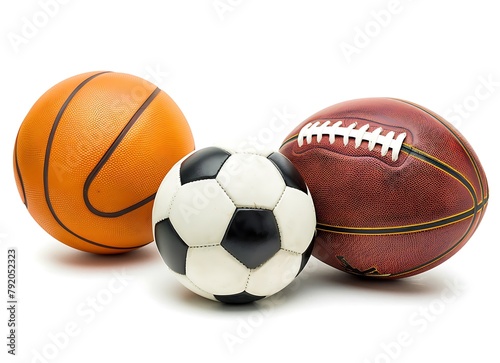 Photograph of various sports equipment, including basketball ball and football on white background