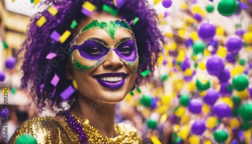 'Mardi concept shrove carnival image holiday Gras woman sign thursday holding confetti th background festive festival 2024 2025 costumed people par' photo