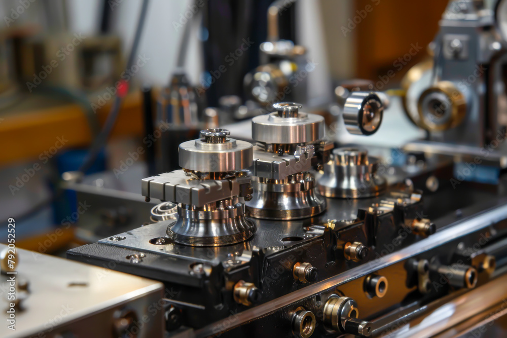 A machine with three round metal parts on it. The parts are being made A machine with three round metal parts on it. The parts are being made