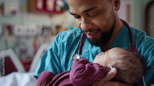 Intimate Moment Doctor or Male Midwife Holds Newborn Baby in Hospital, Symbolizing Childbirth and Healthcare Dedication in Shallow Field of View 