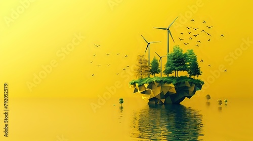 Choose Clean Energy  Geometric Island with Wind Turbines and Tree