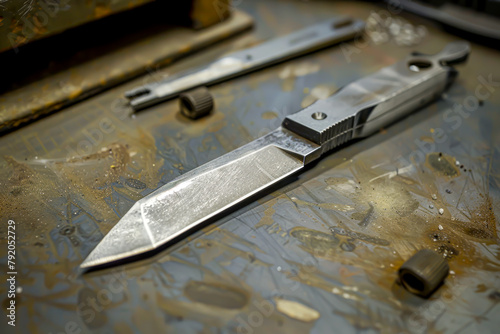 A knife is laying on a table with other tools. The knife is silver and has a sharp edge. The table is covered in various tools and objects, giving the impression of a workshop or a crafting area photo