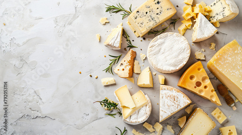 Various types of cheese on a light concrete background