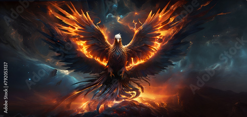 flying  blazing Phoenix bird against night  background. Digital art work. AI generated