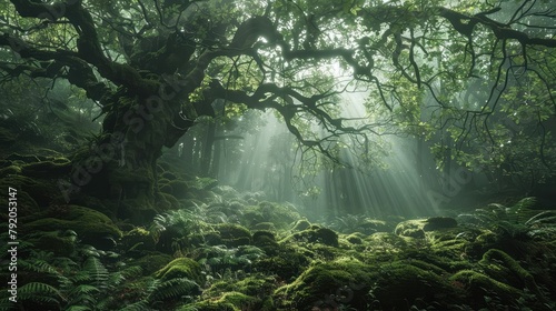 A majestic forest shrouded in mist, with ancient trees cloaked in moss and ferns, evoking a sense of mystery and enchantment as shafts of sunlight 