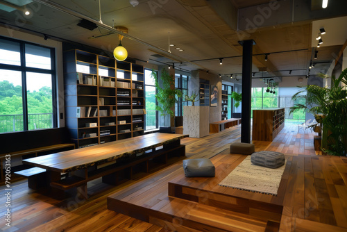 A large room with a wooden floor and a lot of bookshelves. The room has a cozy and inviting atmosphere