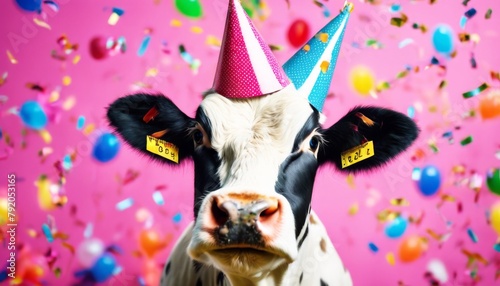'vibrant cute background. Funny cow wearing colorful party hat confetti friendly brithday studio ai generative calf domestic farm animal birthday humorous celebration'