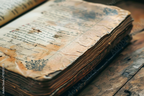 An old book with a worn cover sits on a wooden table. The pages are yellowed and the text is faded. The book appears to be a collection of poetry or a diary, as it is open to a page with a poem