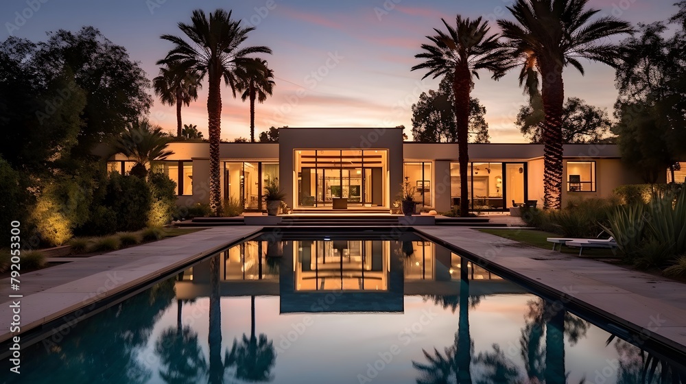 Luxury home with swimming pool and palm trees at sunset.