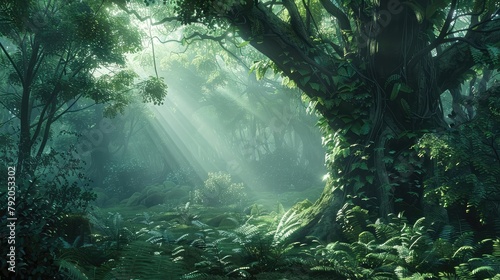 A majestic forest shrouded in mist  with ancient trees cloaked in moss and ferns  evoking a sense of mystery and enchantment as shafts of sunlight 