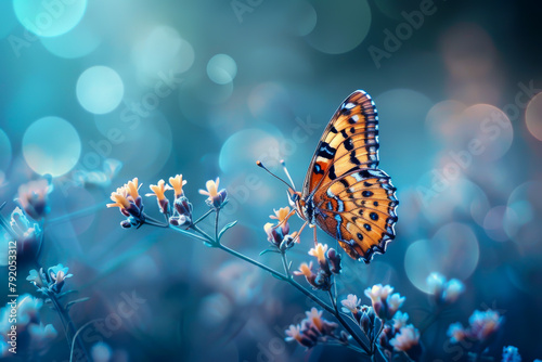 A butterfly is sitting on a flower. The butterfly is orange and black. The background is blue and blurry