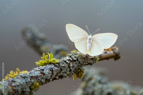 A white butterfly sits on a branch covered in moss. Concept of tranquility and natural beauty, as the delicate creature rests on the rough bark of the tree photo