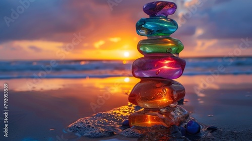 Colorful glass stones, stacked on top of each other, beach, sunset, copy and text space, 16:9