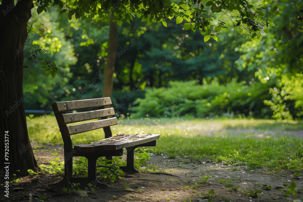 A wooden bench is sitting in a park under a tree. Scene is peaceful and relaxing