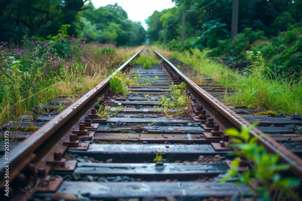 The train tracks are covered in weeds and grass. The train is not visible. Concept of abandonment and neglect