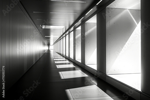 A long, narrow hallway with a lot of windows. The light coming in from the windows casts shadows on the floor