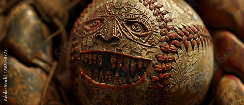A high-resolution image of a baseball showcasing intricate designs inspired by Indus Valley art, with a background hint of a mysterious, angry creature lurking photo