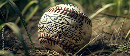 A high-resolution image of a baseball showcasing intricate designs inspired by Indus Valley art, with a background hint of a mysterious, angry creature lurking photo