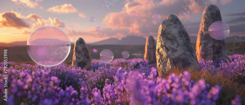 A realistic 3D scene of ancient stones shaped into a modern green energy device, emitting soft bubbles amid a field of blooming lavender