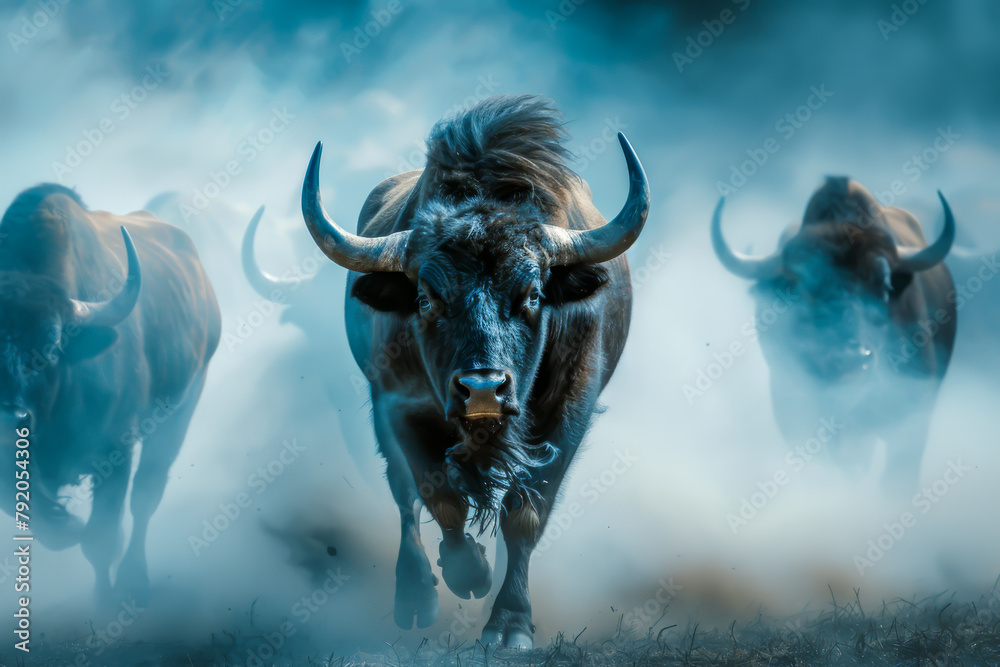 Three large bulls are running through a field of dust. The bulls are ...